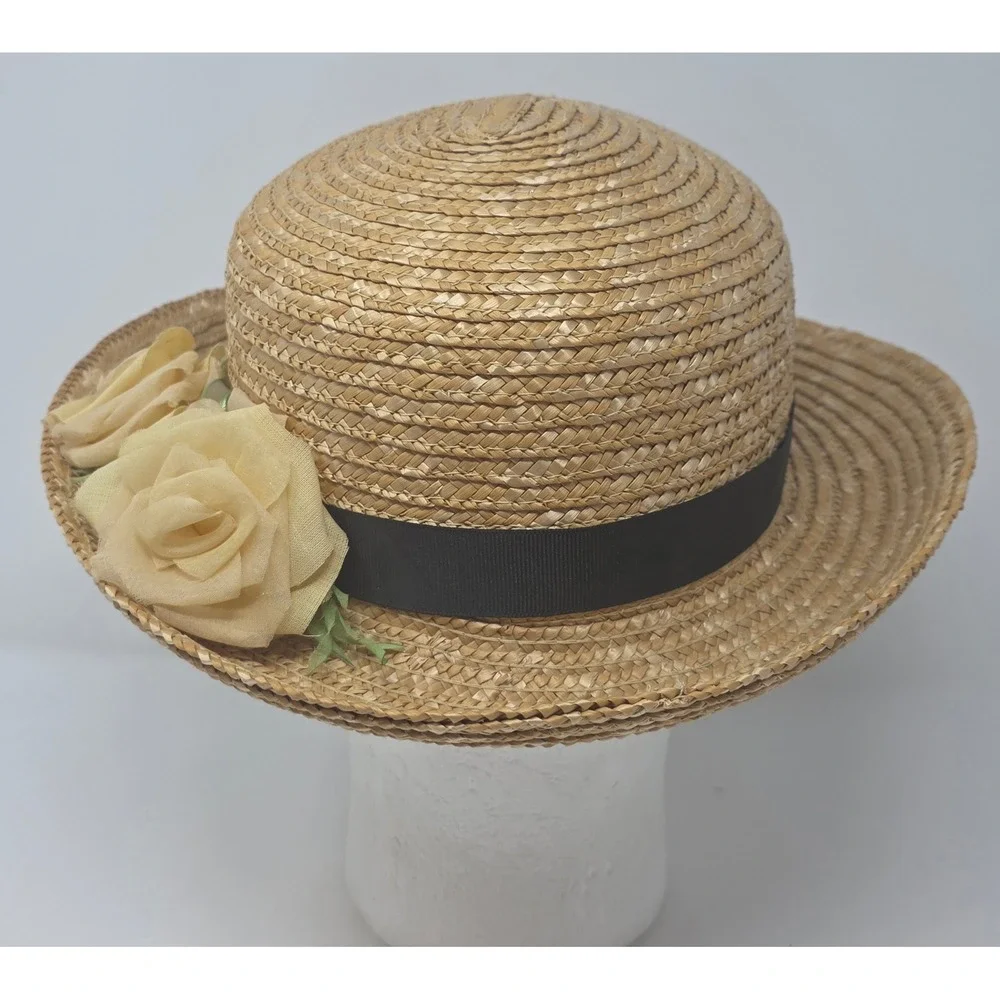 Ellen Deering Original Straw Boater Hat Womens 7-1/8 Tan Floral Ribbon